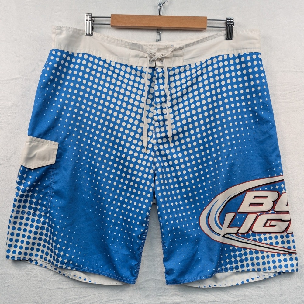 VTG Bud Light Board Shorts Men's XL Blue White Polka Dot Beer Lace-Up Beach Y2K